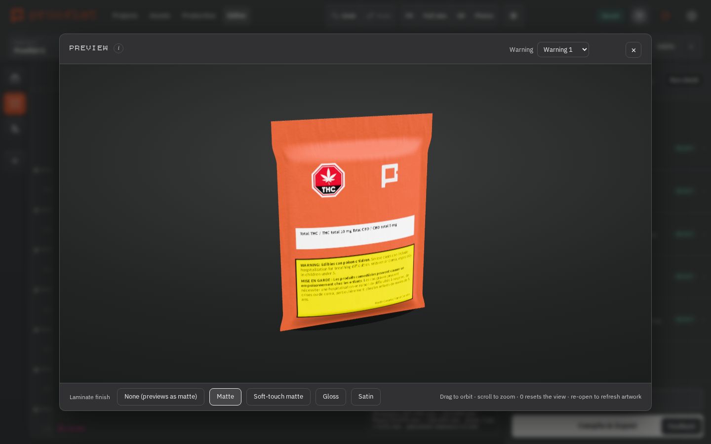 Your artwork on the pouch, in 3D.