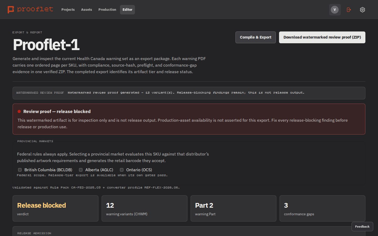 The export page — your package, its status, and whether you're getting a proof or final files.